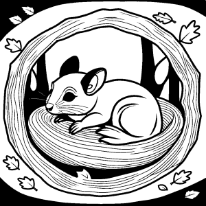 Sleeping flying squirrel snuggled up in a cozy nest with its tail wrapped around it coloring page