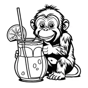 Joyful Orangutan enjoying a refreshing drink from a coconut coloring page