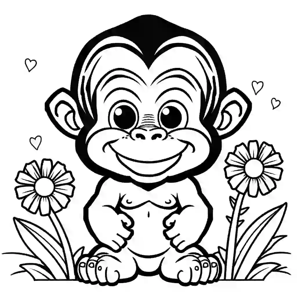 Joyful Orangutan with a big smile holding colorful flowers coloring page