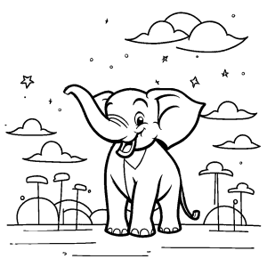 Elephant playing with a kite in the sky coloring page