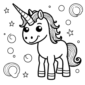 Happy unicorn with vibrant rainbow horn and tail coloring page