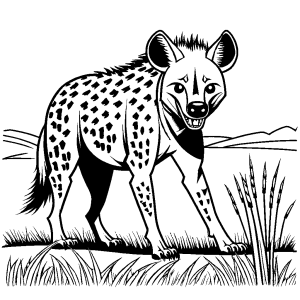 Hyena with a big smile standing in an open field coloring page