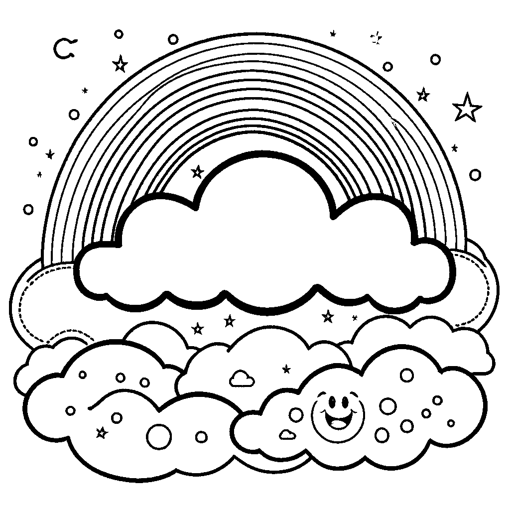 Happy smiling rainbow coloring page with sun and clouds coloring page