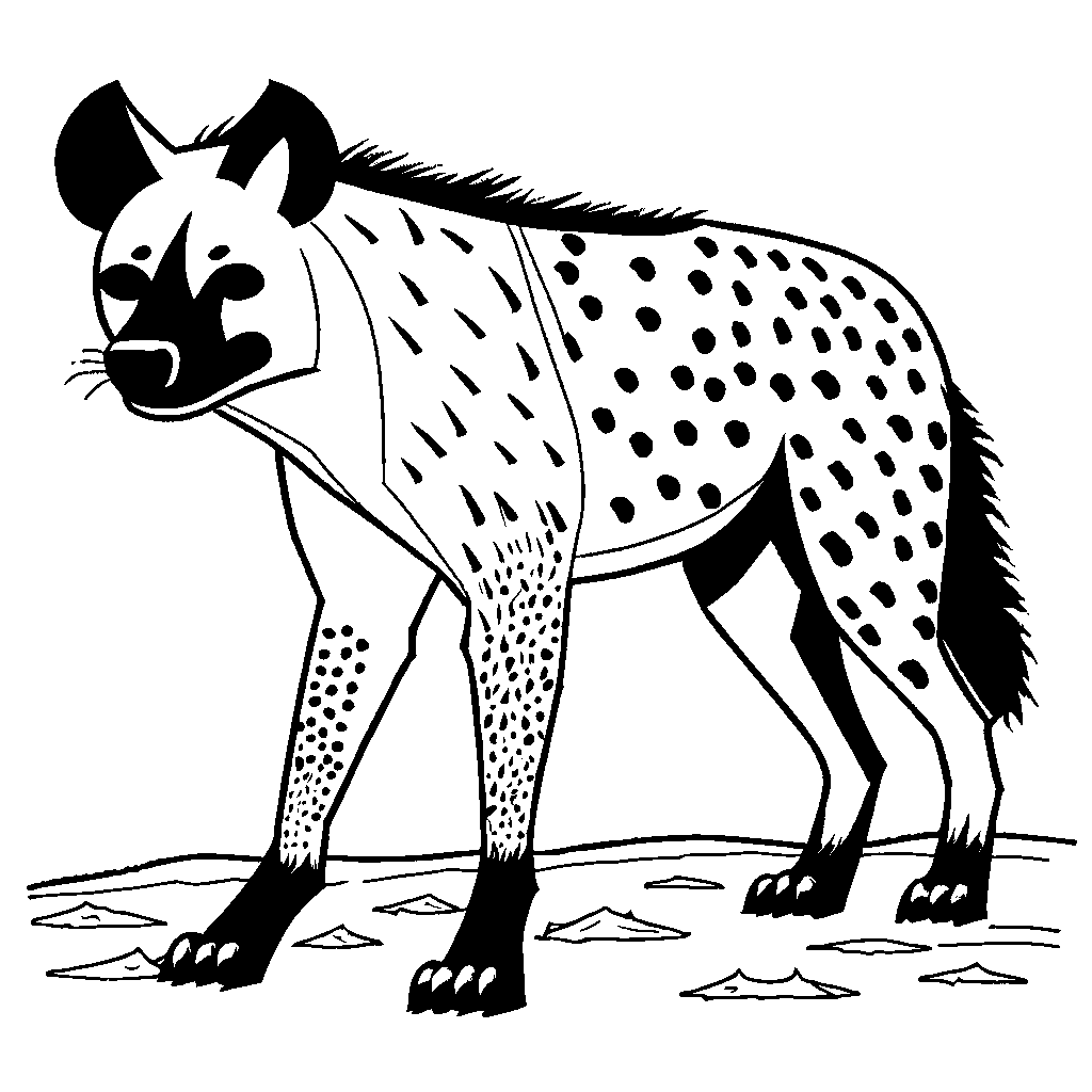 Hyena with a spotted fur pattern standing in the open terrain coloring page