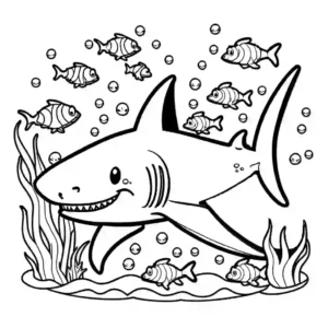 Tiger shark surrounded by fish, seahorses, and crabs underwater coloring page