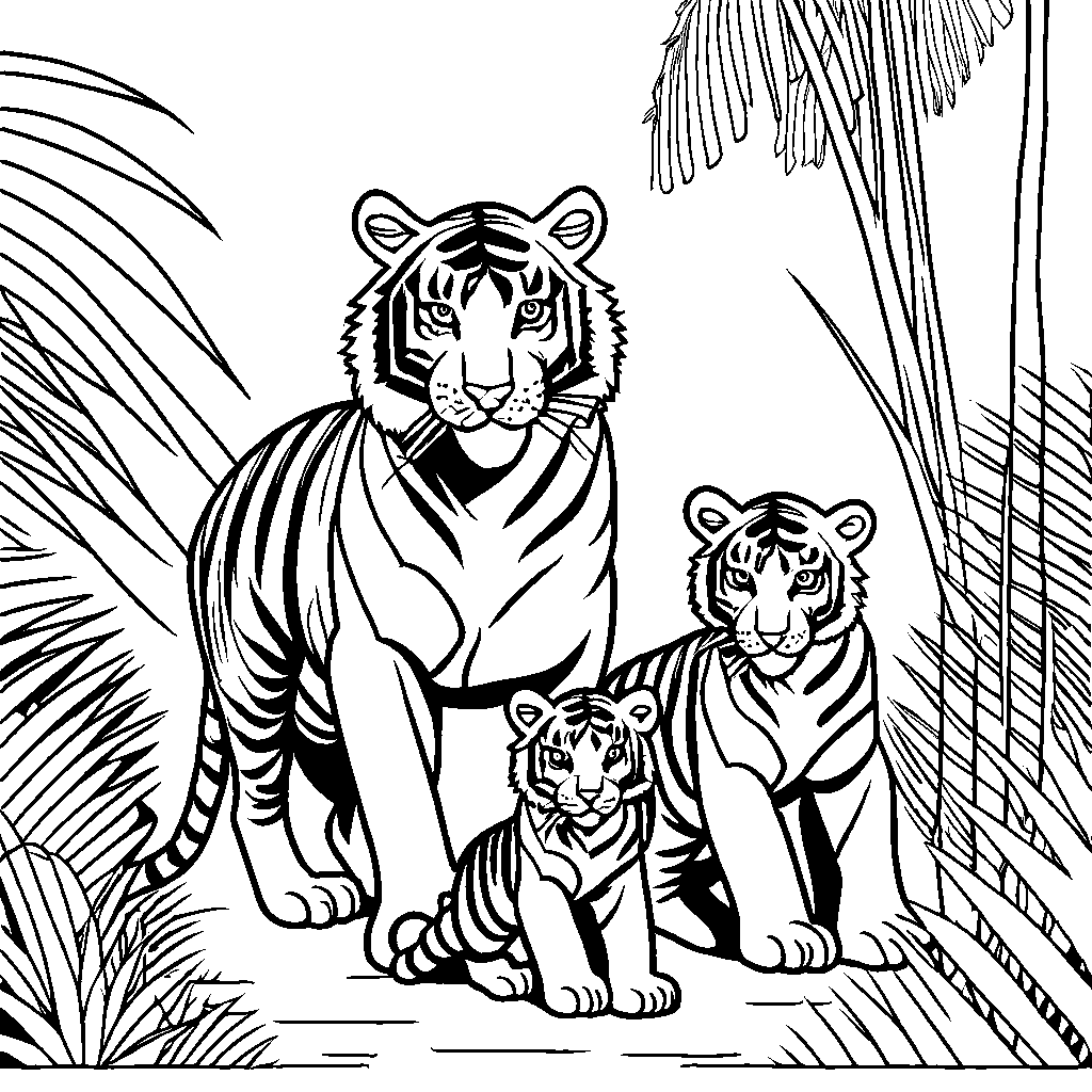 Tiger family coloring page in jungle coloring page