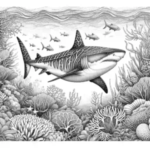 Tiger Shark swimming in the ocean surrounded by sea plants and corals coloring page