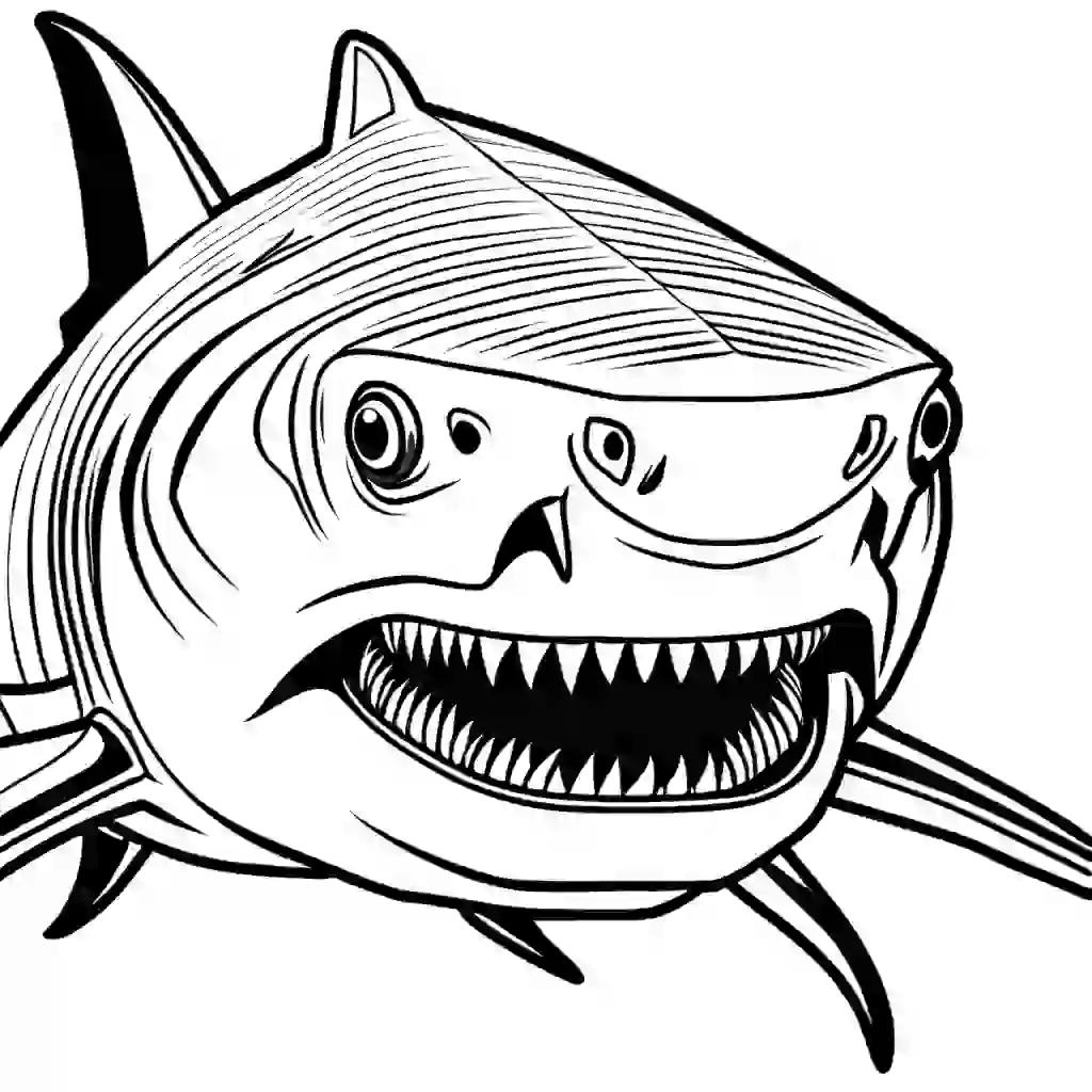 Close-up of tiger shark's face and eye for coloring detail coloring page