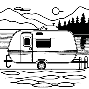 Minimalistic drawing of an RV parked by a lake coloring page