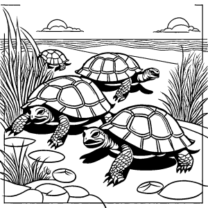 Turtle family, with a parent and baby turtles, walking on a path coloring page