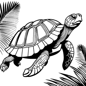Turtle with a swirling shell design with palm tree coloring page