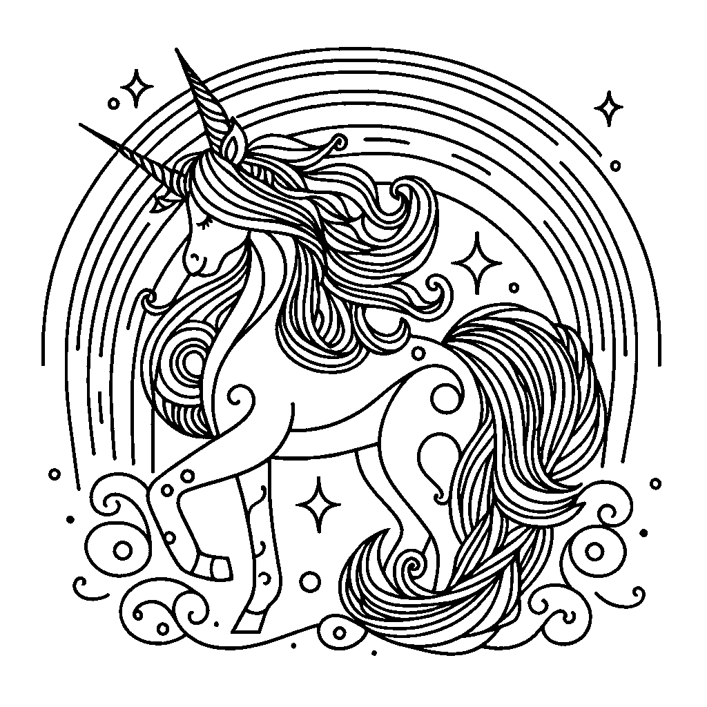 Unicorn in front of rainbow background coloring page