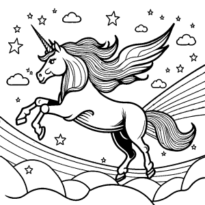 Unicorn with colorful rainbow mane in the sky coloring page