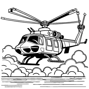 Simple coloring page of helicopter lifting off vertically with clouds in the background