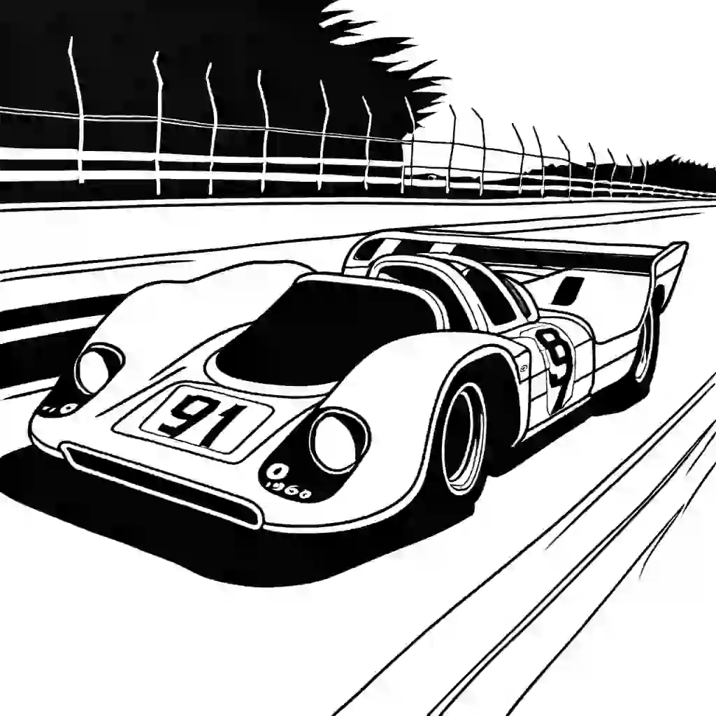 Detailed line drawing of vintage 1968 Porsche 908 - LH-004 with racing livery for coloring activity coloring page