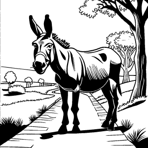 Walking Donkey Coloring Page - Black and White Sketch