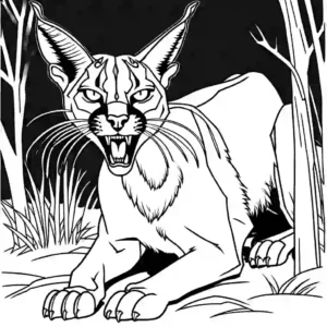 Wild Caracal baring its teeth in a threatening manner coloring page