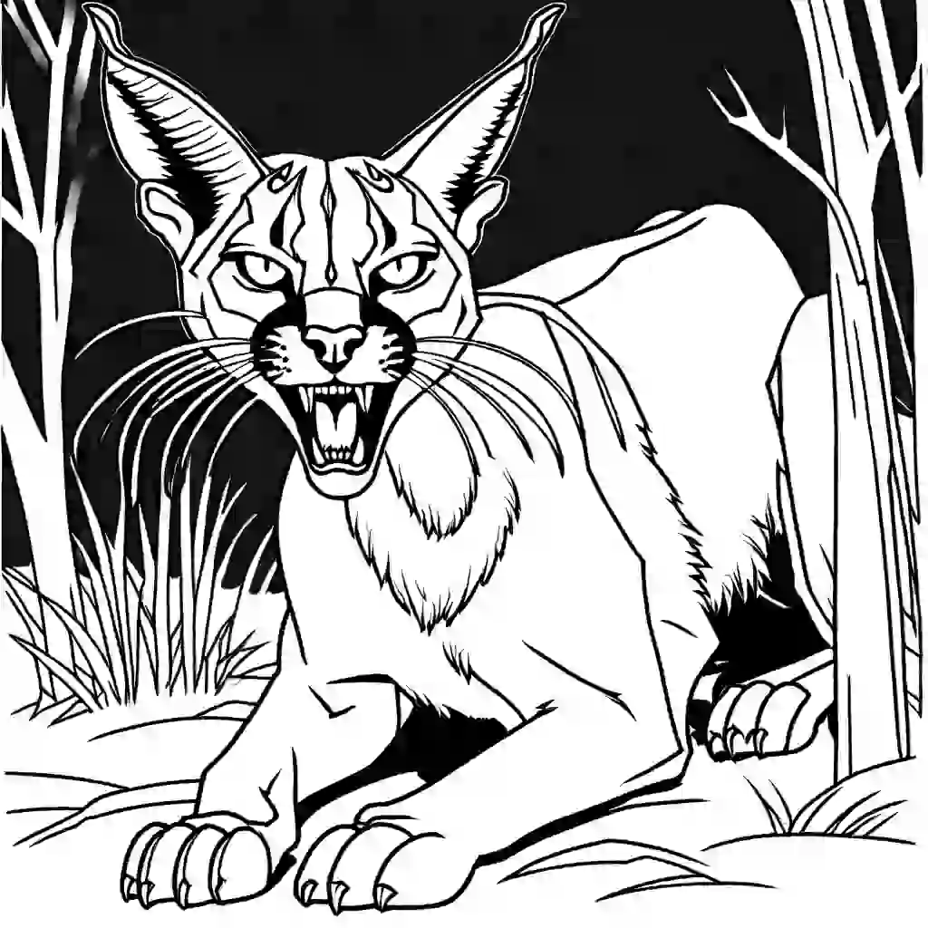 Wild caracal baring its teeth at night coloring page Lulu Pages