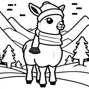 Adorable llama with scarf and winter hat in snowy landscape coloring page