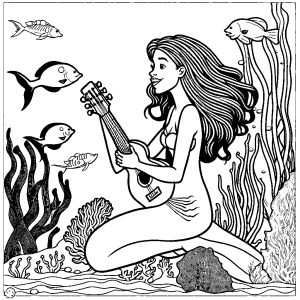 Enchanting young mermaid singing to marine creatures in coral reef coloring page