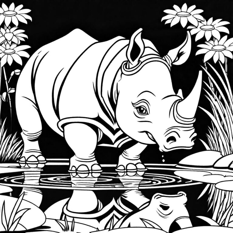 Young Rhinoceros Drinking From Pond At Night Coloring Page Lulu Pages