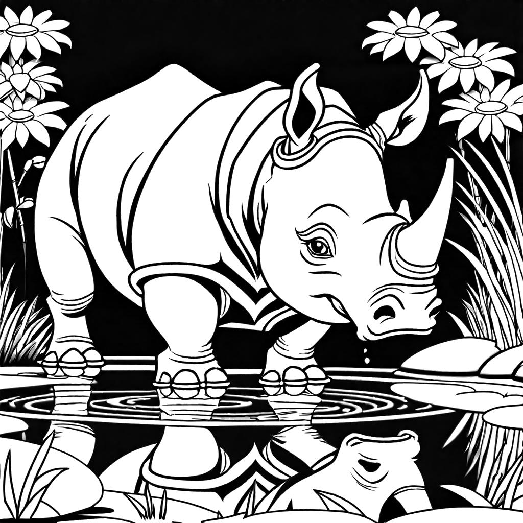 Young rhinoceros drinking water from serene pond coloring page