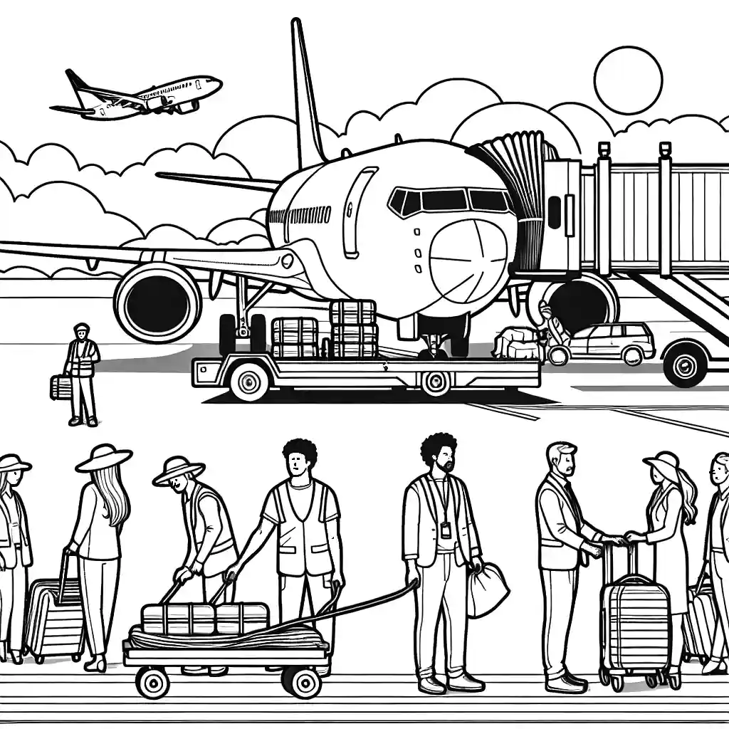 Airplane parked on the runway with baggage being loaded by airport workers coloring page