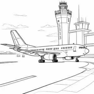 Airplane on runway with control tower coloring page