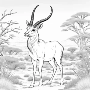 Majestic antelope with big horns running through the African wilderness coloring page