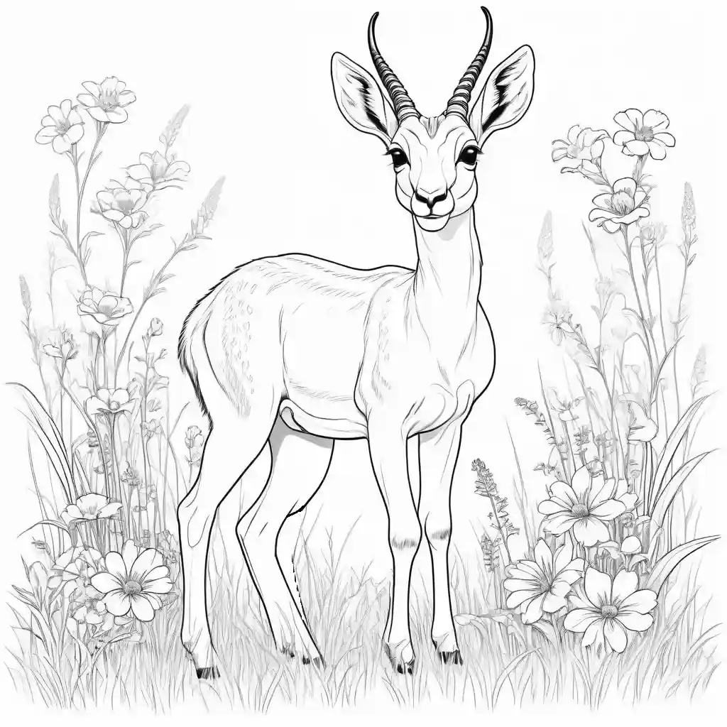 Antelope standing in a grassy field with flowers coloring page