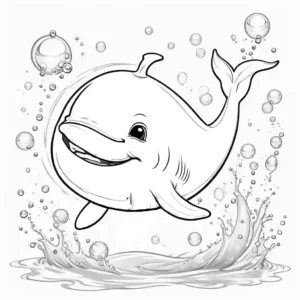 Adorable baby blue-whale coloring page with bubbles and water splashes coloring page