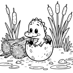 Cute baby crocodile hatching from egg in swamp coloring page