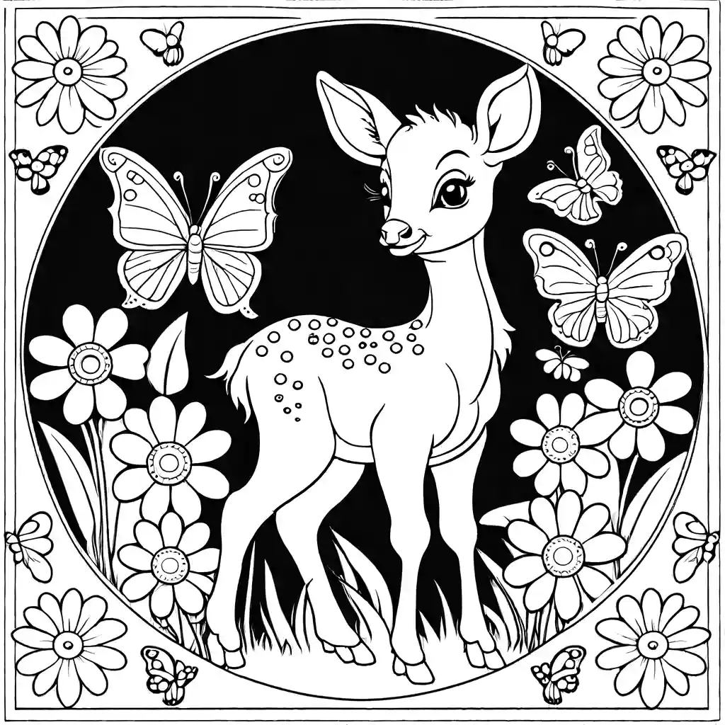 Cute baby deer coloring page surrounded by flowers and butterflies coloring page