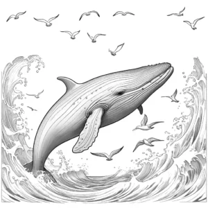 Blue-Whale coloring page with waves and seagulls in the ocean coloring page
