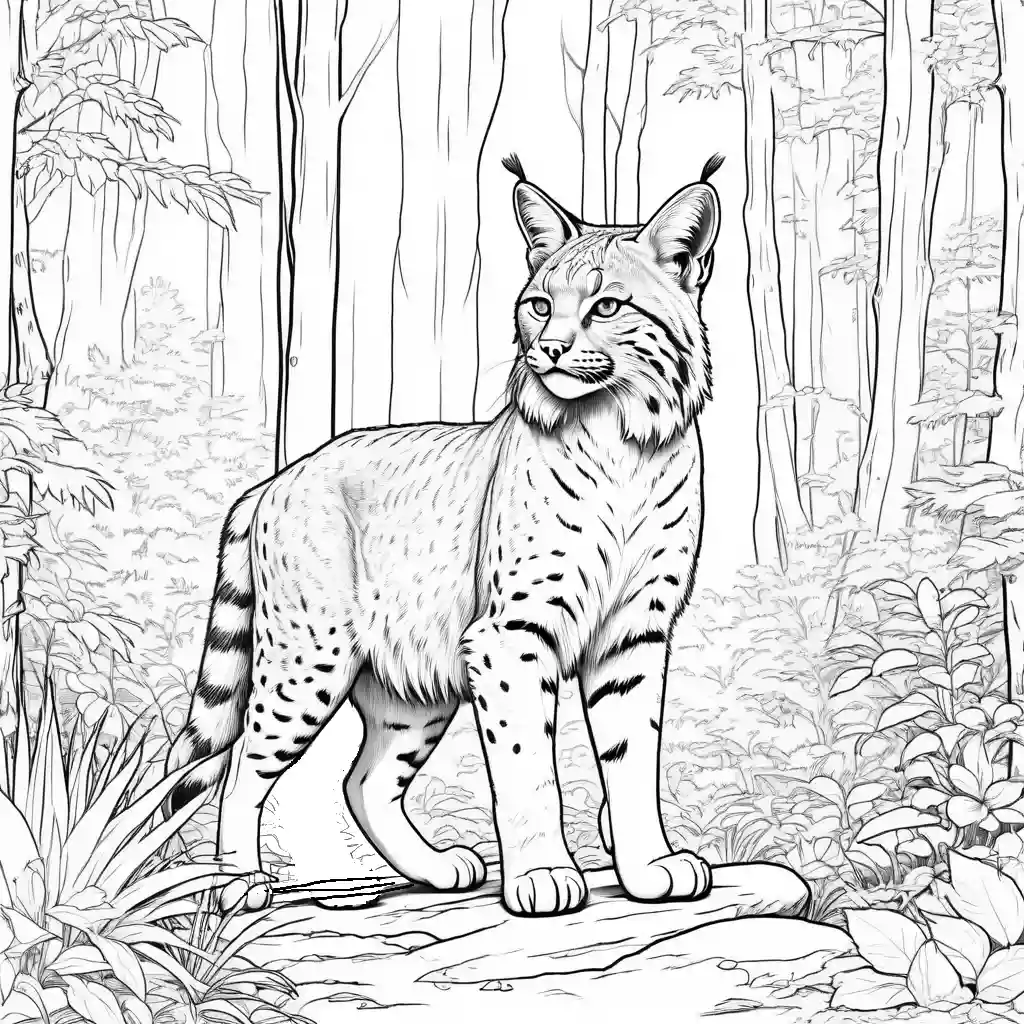 Bobcat coloring page in forest habitat coloring page