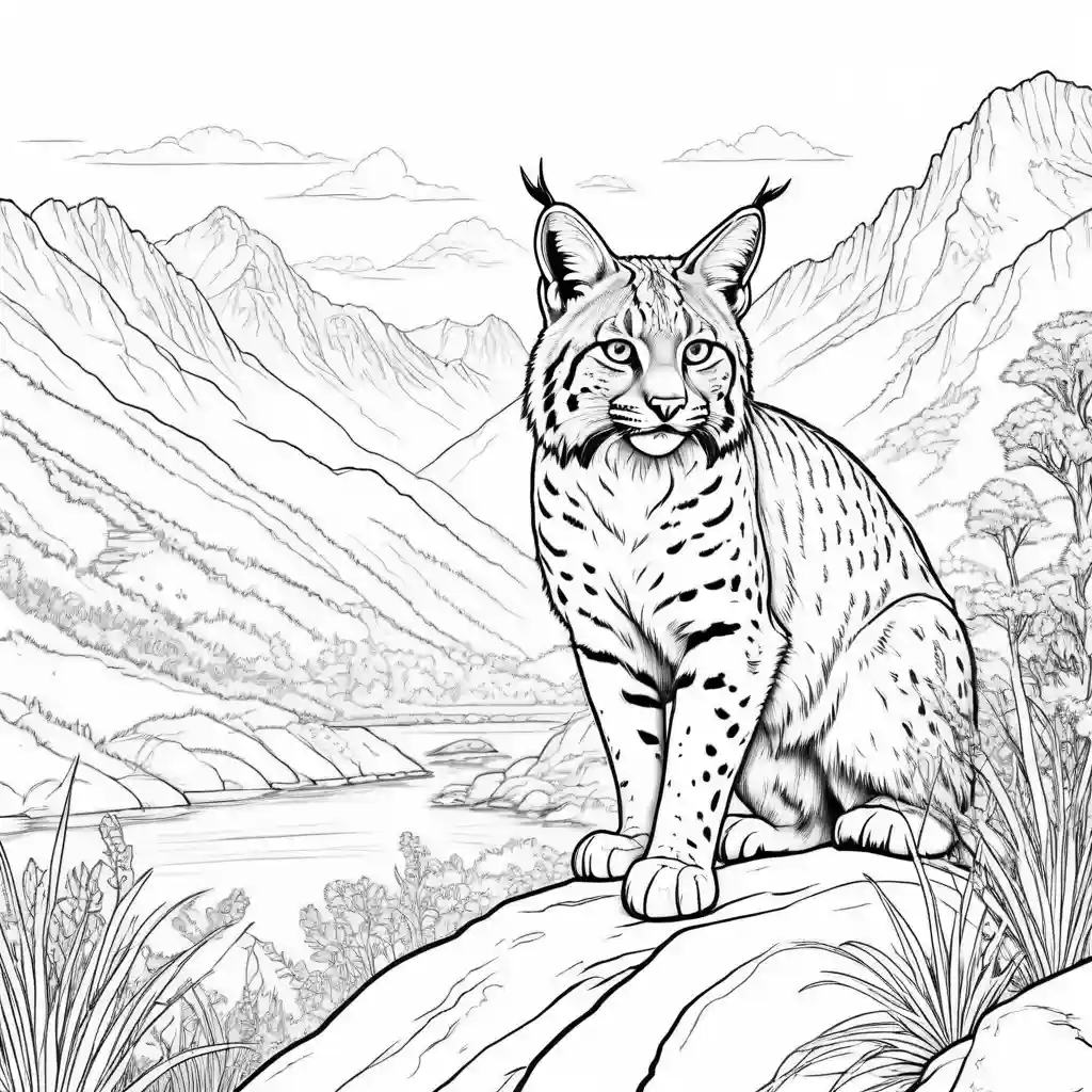 Detailed bobcat drawing with mountain scenery coloring page