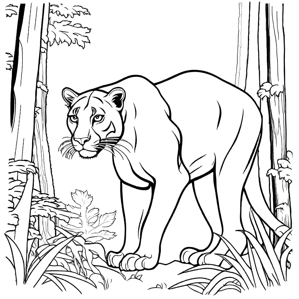 Black panther seamlessly blending into the forest surroundings coloring page
