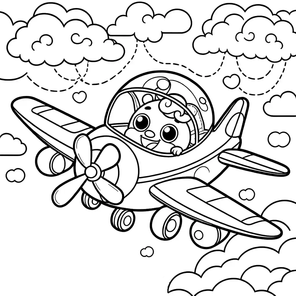 Cartoon airplane with smiling pilot flying through the sky coloring page