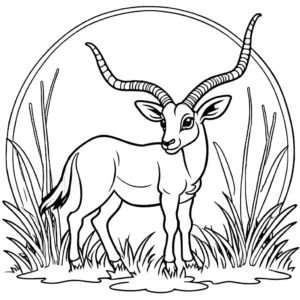Cartoon antelope with large horns grazing in the green grassland coloring page