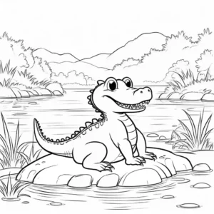 Cute cartoon crocodile sitting by the river coloring page