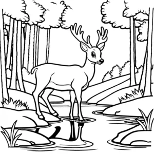 Cartoon deer coloring page in a forest with a stream coloring page