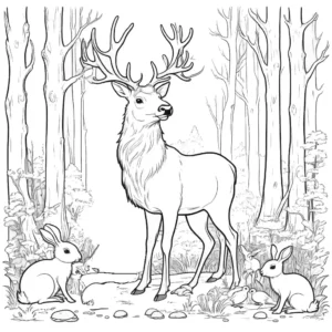 Cartoon elk with rabbits and birds in the forest coloring page