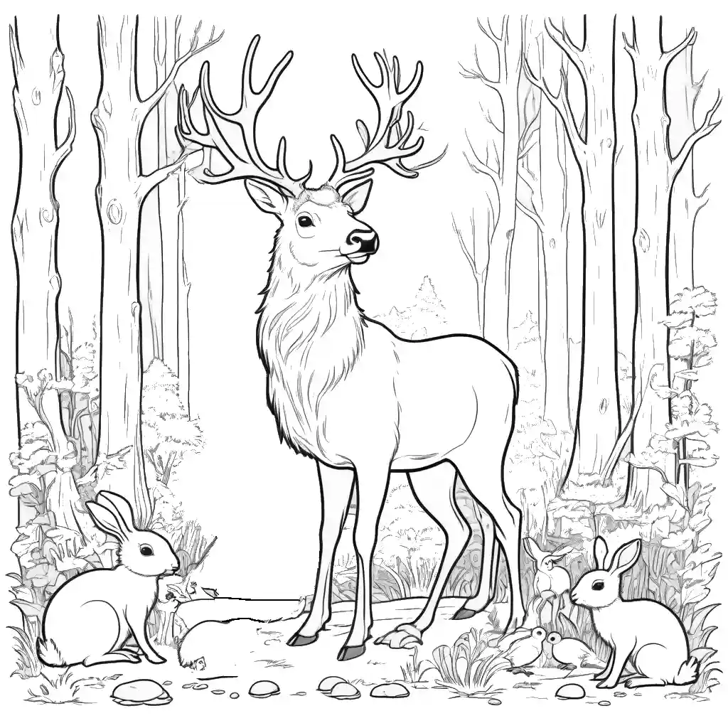 Cartoon elk with woodland creatures coloring page Lulu Pages