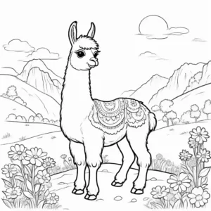 Cartoon llama coloring page with flowers coloring page