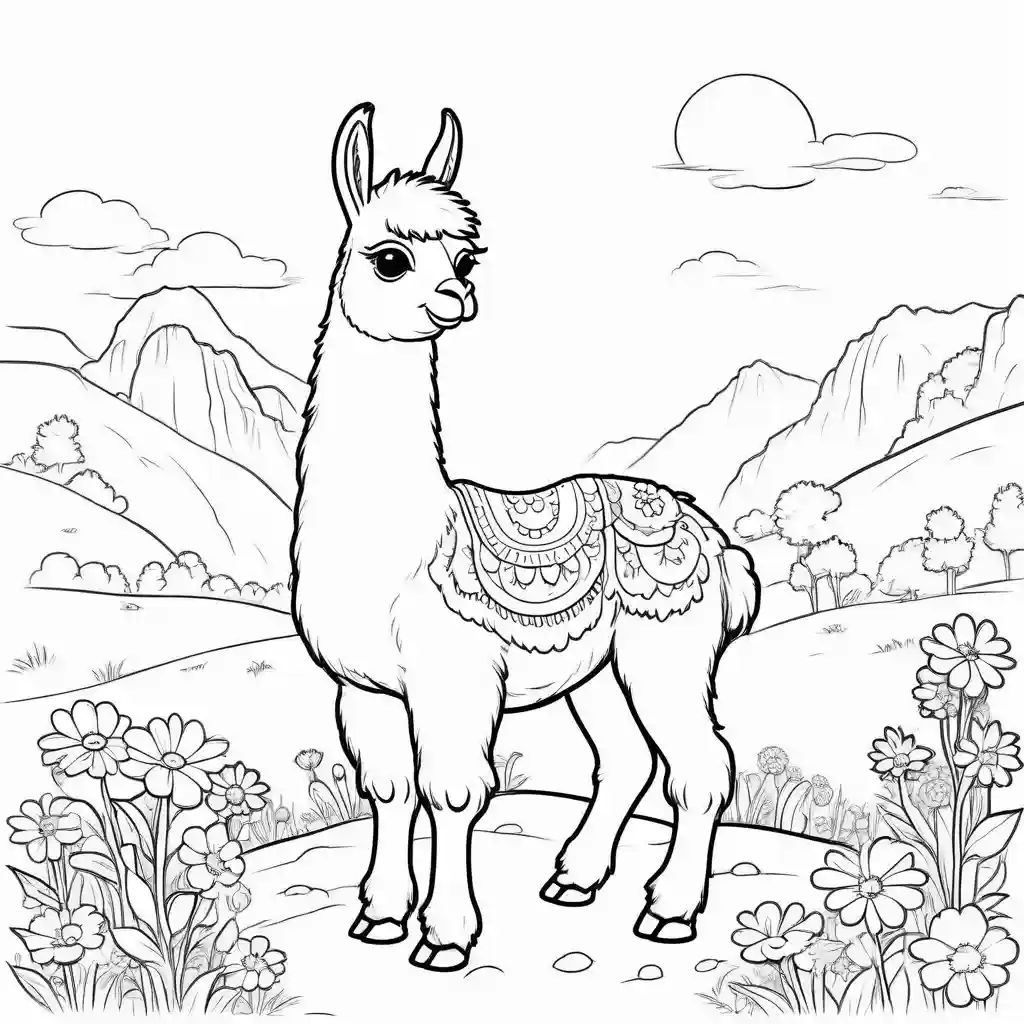 Cartoon llama coloring page with flowers coloring page