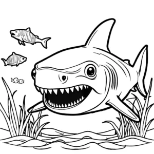 Adorable megalodon surrounded by fish and seaweed coloring page