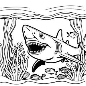 Happy megalodon surrounded by marine life and corals coloring page