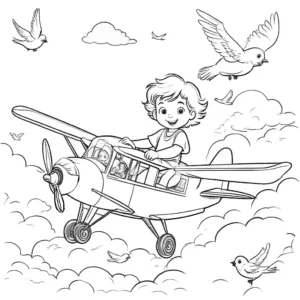 Child happily piloting an airplane through the fluffy clouds with birds flying alongside. coloring page