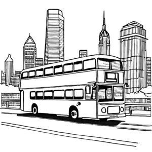 Double-decker bus with city skyline in outline coloring page