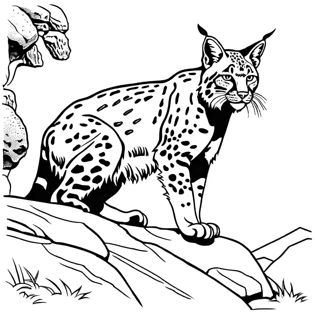 Bobcat coloring page on rocky cliff edge coloring page